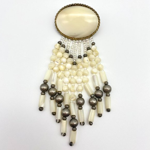 1980s Vintage Long Beaded Pin - Mother of Pearl Brooch - Picture 2 of 4